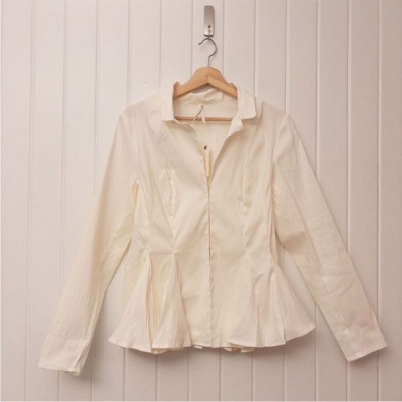 BNWT BY ANTHROPOLOGIE LONG-SLEEVE COLLARED LINEN PEPLUM OFF-WHITE BLOUSE - Picture 5 of 5